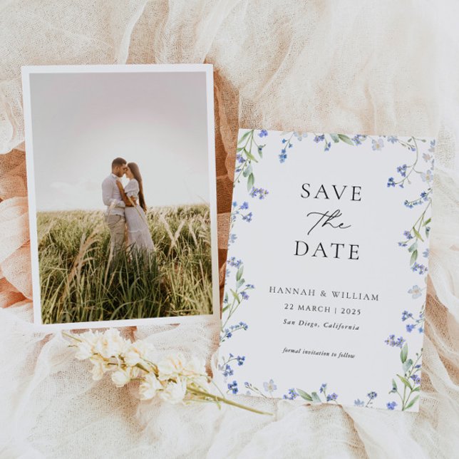 Blue Floral Wedding Foto Save the Date Card (Von Creator hochgeladen)