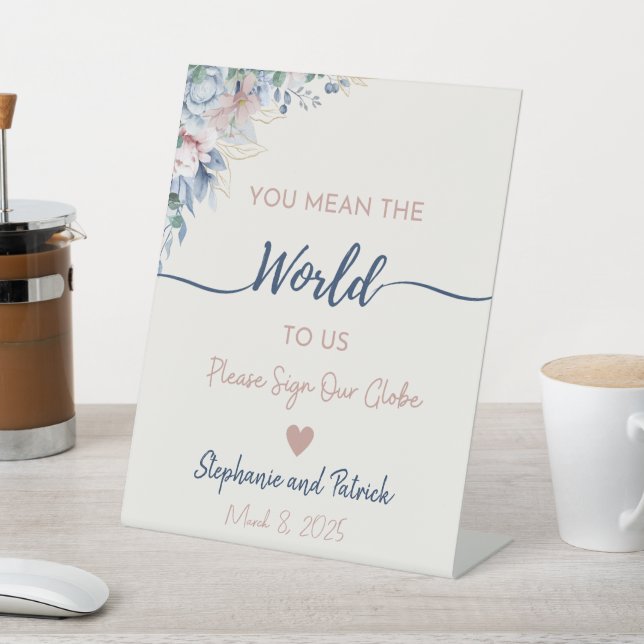 Blue Floral Wedding Guest Globe Sign Sockelschild (In SItu)