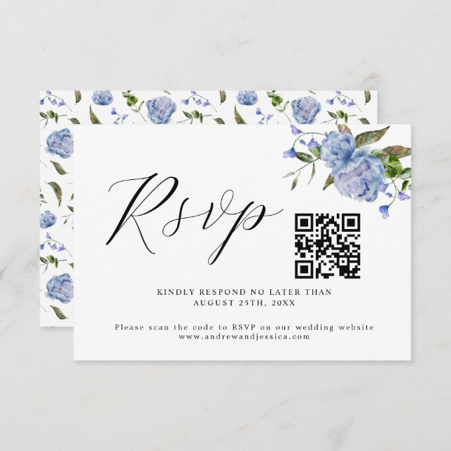 Blue Floral Wedding QR Code RSVP Card (Vorne/Hinten)