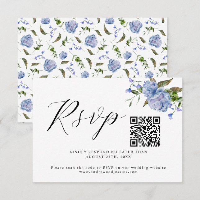 Blue Floral Wedding QR Code RSVP Card Karte (Vorne/Hinten)