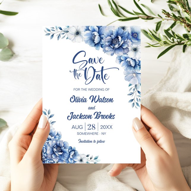Blue Floral Wedding Save the Date Einladung (Von Creator hochgeladen)