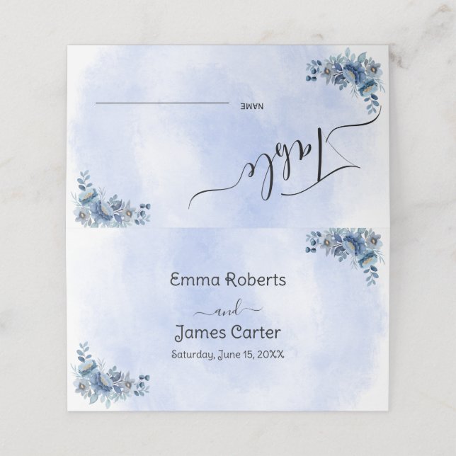 Blue Floral Wedding Seating Charts Platzkarte (Außenseite Aufgefaltet)