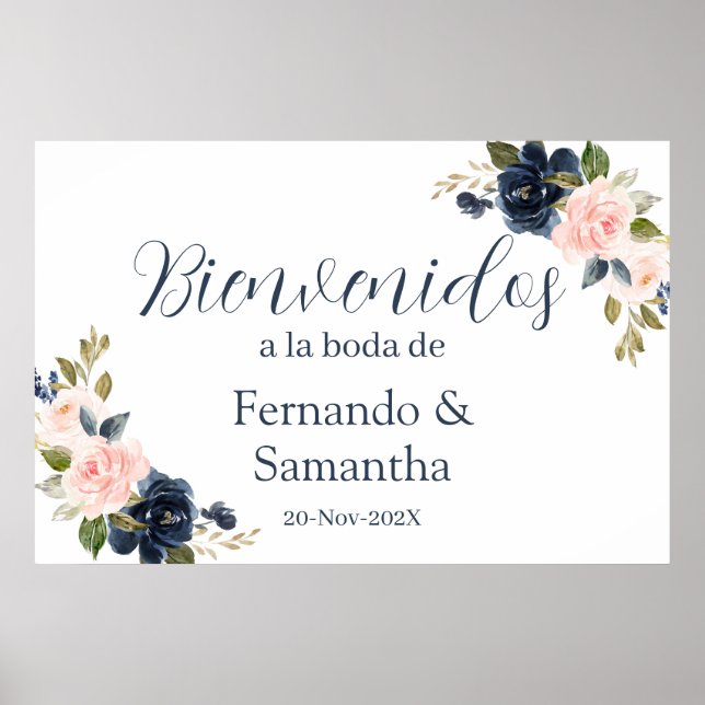 Blue Floral Wedding Spanish Willkommenszeichen Poster (Vorne)