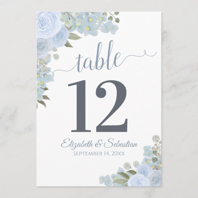 Blue Floral Wedding Tischnummer Card Groß (Vorderseite)