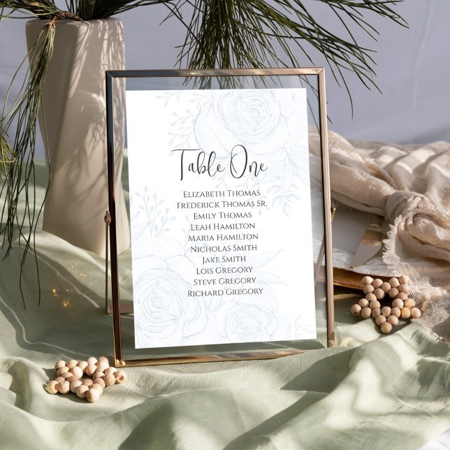 Blue Floral Wedding Tischnummer Custom (Elegant Wedding table number sign with guests names and table number. )