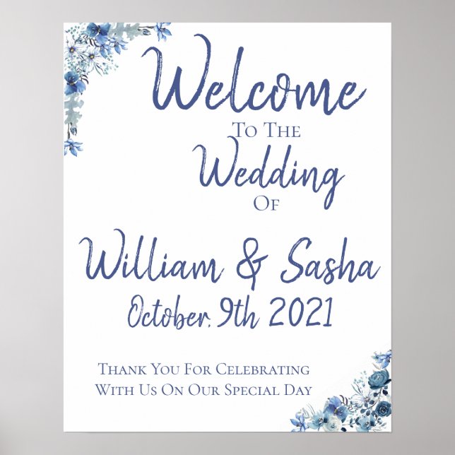 Blue Floral Wedding Welcome Poster (Vorne)