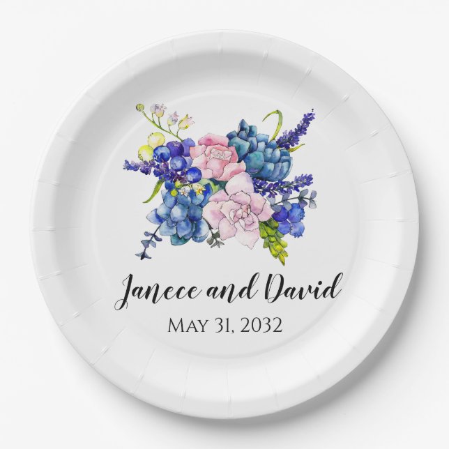 Blue Floral Wedpaper Tellers Garden Blume Pappteller (Vorderseite)