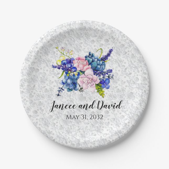Blue Floral Wedpaper Tellers Garden Blume Pappteller (Vorderseite)
