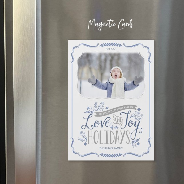 Blue Floral Whimsy Magnetic Holiday Foto Card Magnetkarte (Von Creator hochgeladen)