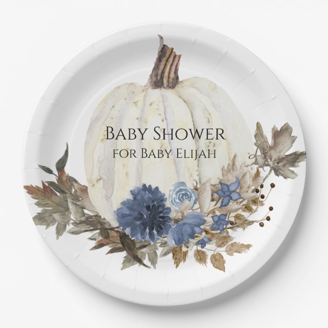 Blue Floral White Pumpkin Baby Boy Dusche Pappteller (Vorderseite)