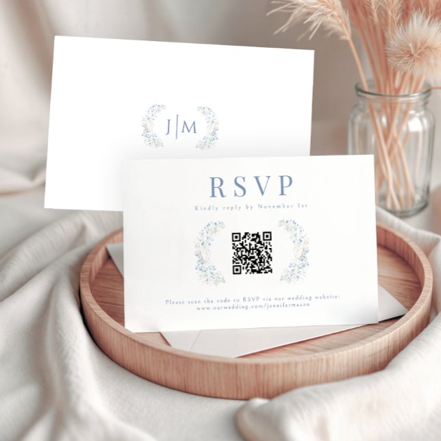 Blue Floral Wildblume Wedding RSVP QR Code Cards (Von Creator hochgeladen)
