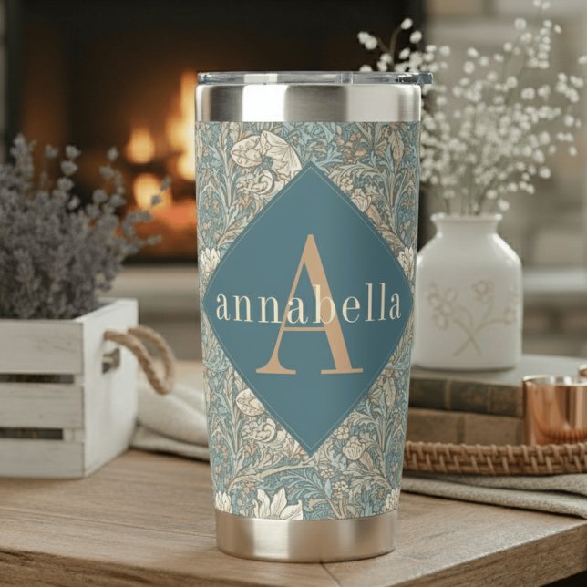 Blue Floral William Morris Elegant Monogram Thermobecher (Von Creator hochgeladen)