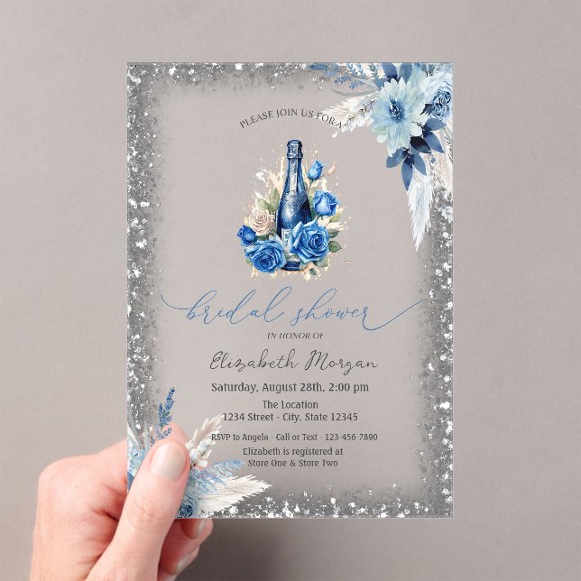 Blue Floral Wine Flasche Glitzer Frame Baby Dusche Acryleinladungen (Insitu (Handheld))