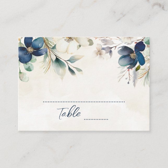 Blue Floral Winter Wedding Place Setting Cards Platzkarte (Vorderseite)