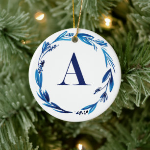 Blue Floral Wreath 'A' Personalisiert Keramik Ornament
