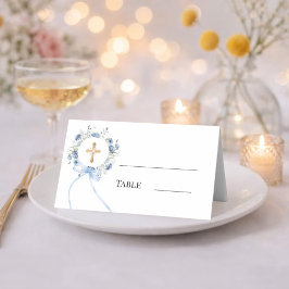 Blue floral wreath gold cross bow ribbon boy platzkarte