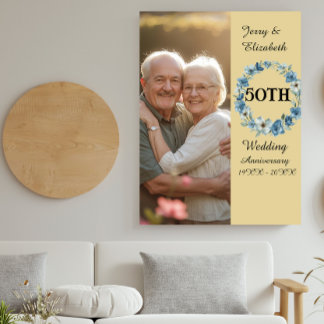 Blue Floral wreath golden year wedding anniversary Fotoplatte