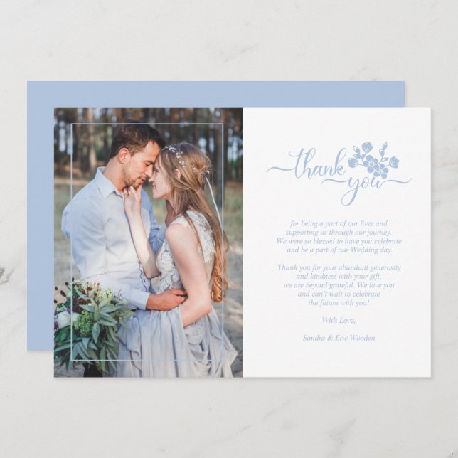 Blue Floral Wreath Photo Card Wedding Couple Dankeskarte (Vorne/Hinten)