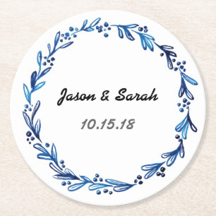 Blue Floral Wreath Runder Pappuntersetzer