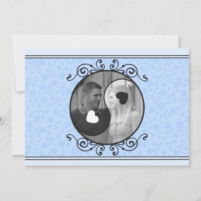 Blue Floral Yin & Yang Foto Hochzeit Einladung (Vorderseite)