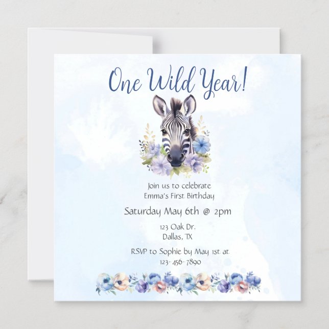 Blue Floral Zebra Birthday Magneteinladung (Vorderseite)