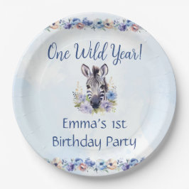Blue Floral Zebra Birthday Pappteller