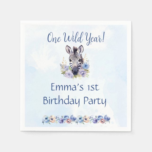 Blue Floral Zebra Birthday Serviette (Vorderseite)