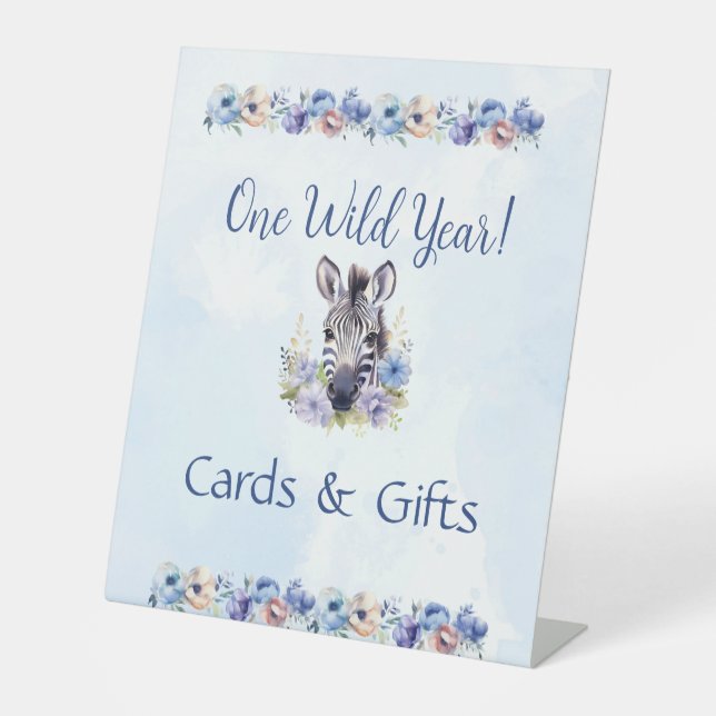 Blue Floral Zebra Birthday Sockelschild (Vorderseite)