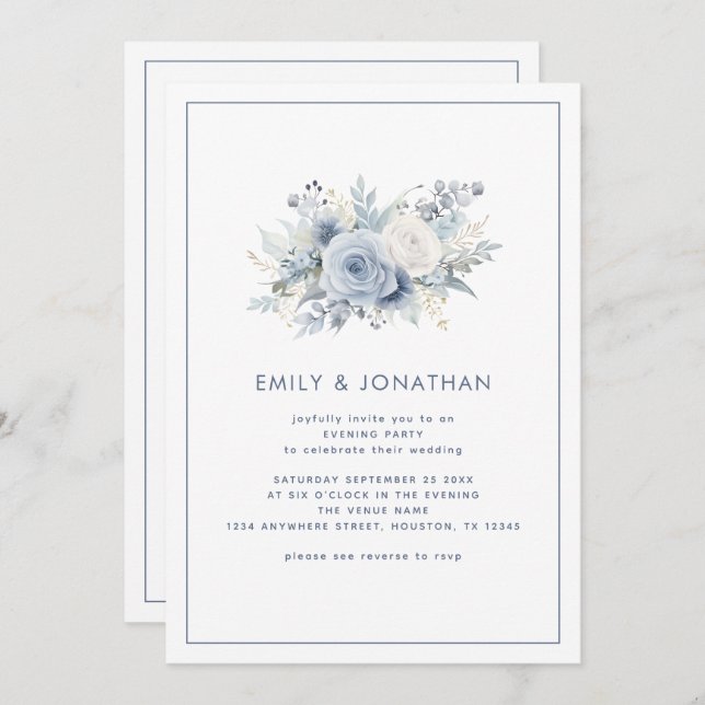 Blue Florals Border QR Wedding Abend Party Einladung (Vorne/Hinten)