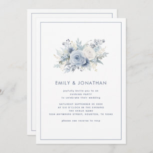 Blue Florals Border QR Wedding Abend Party Einladung