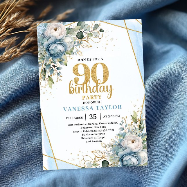 Blue Florals Gold Border 90th Birthday Invitation Einladung (Blue Florals Gold Border 90th Birthday Invitation)