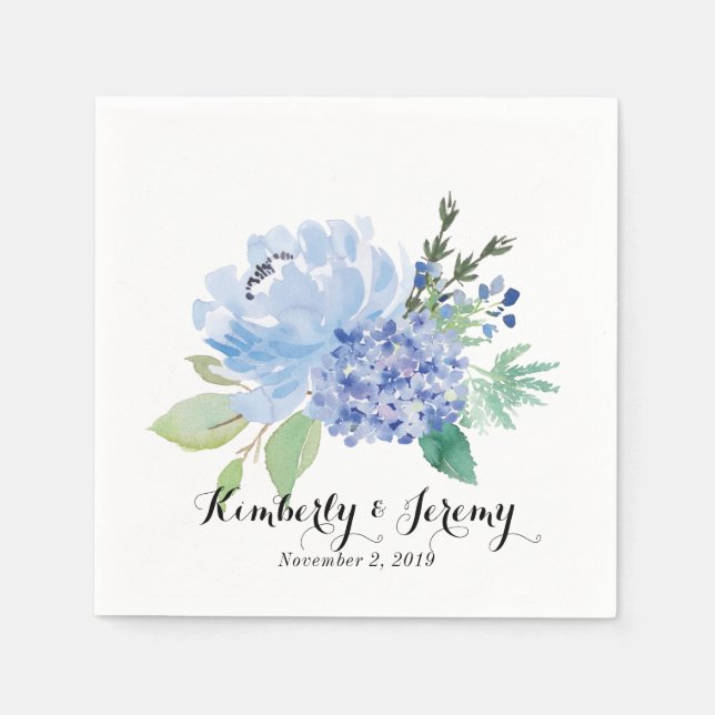 Blue Florals und Hydrangea Personalisiert Napkins Serviette (Vorderseite)
