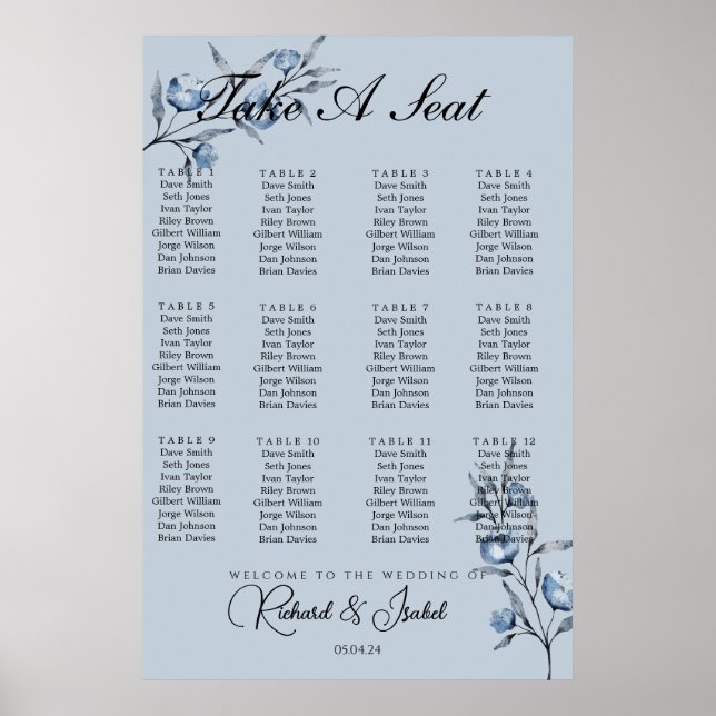 Blue Floris 24 Table Wedding Seating Chart Poster (Vorne)