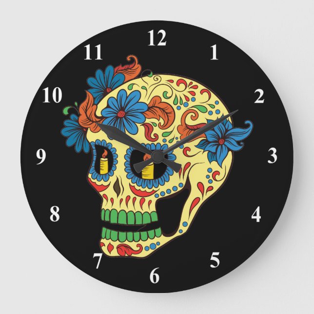 Blue Flower Eyes Day Of The Dead Sugar Skull Große Wanduhr (Vorderseite)