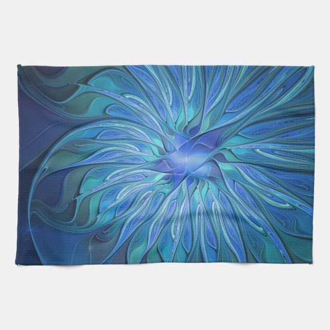Blue Flower Fantasy Pattern, Abstract Fractal Art Geschirrtuch (Horizontal)