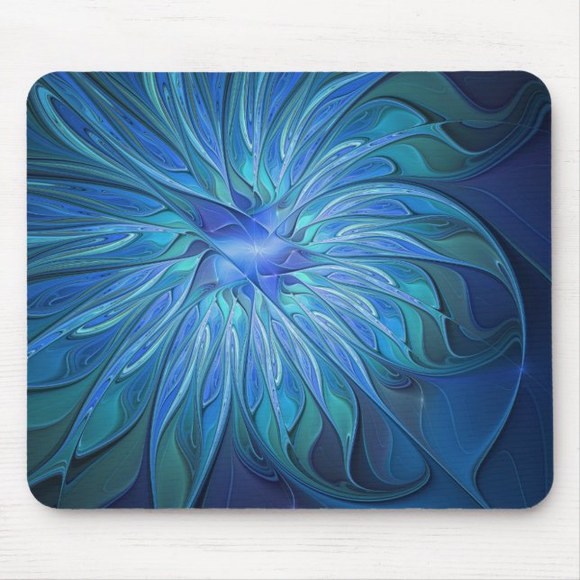 Blue Flower Fantasy Pattern, Abstract Fractal Art Mousepad (Vorne)