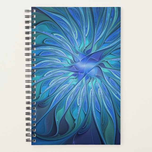 Blue Flower Fantasy Pattern, Abstract Fractal Art Planer (Vorderseite)