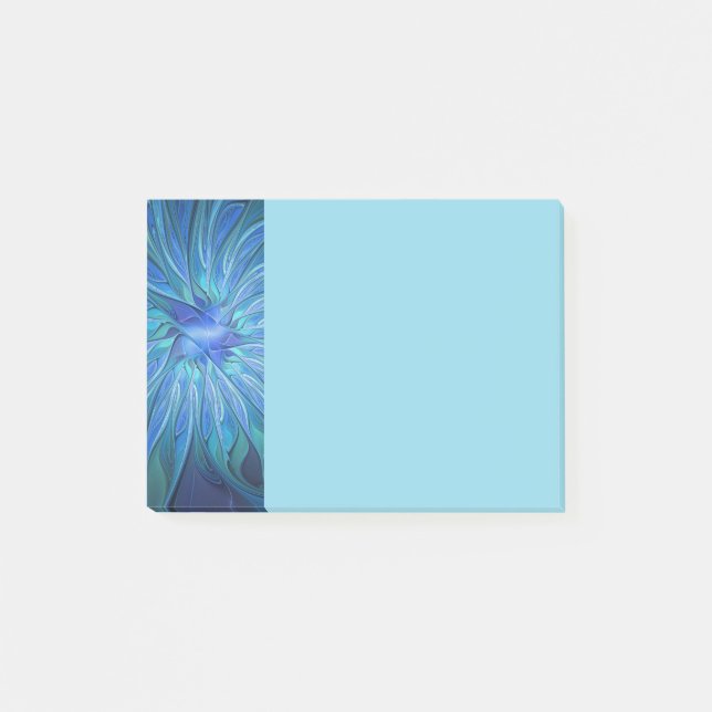Blue Flower Fantasy Pattern, Abstract Fractal Art Post-it Klebezettel (Vorderseite)