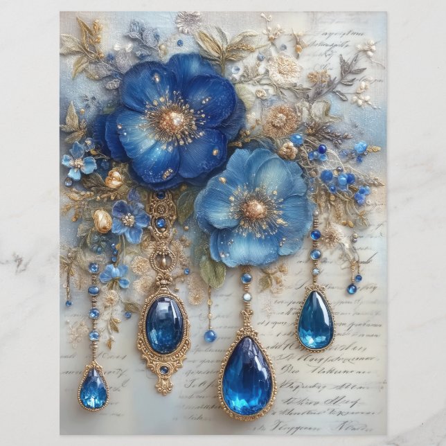 Blue Flower Gems Junk Journal Scrapbook Paper (Vorderseite)