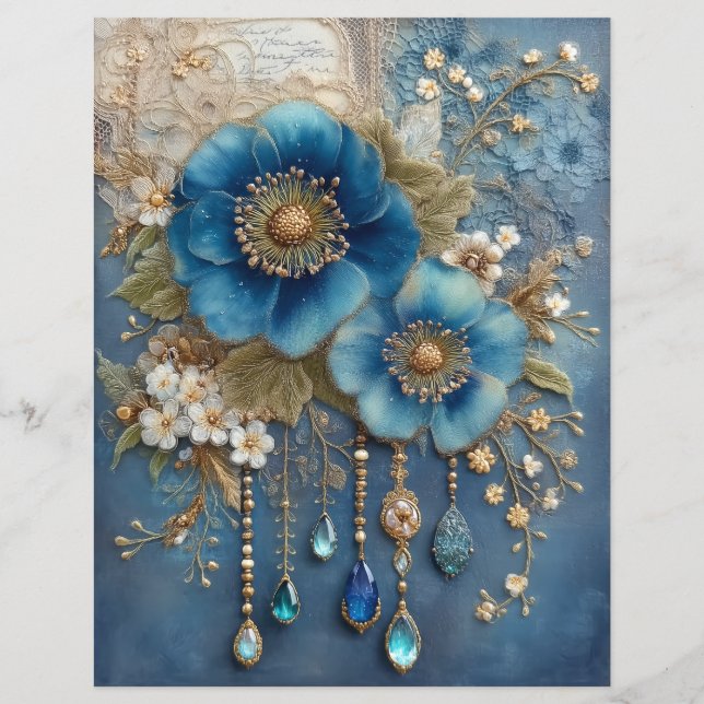 Blue Flower Gems Junk Journal Scrapbook Paper (Vorderseite)