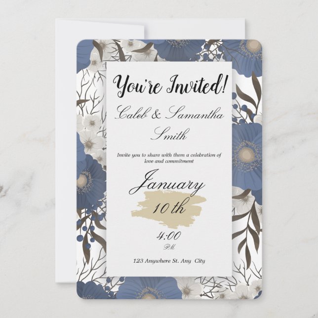 Blue Flower Wedding Invitation Einladung (Vorderseite)