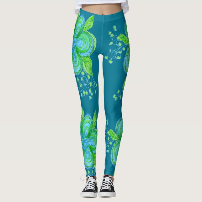 Blue Flower Yoga Pants Leggings (Vorderseite)