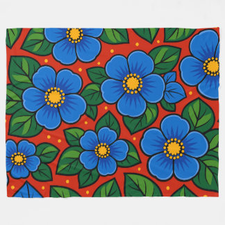 Blue Flowers and Green Leaves on a Red Background Fleecedecke