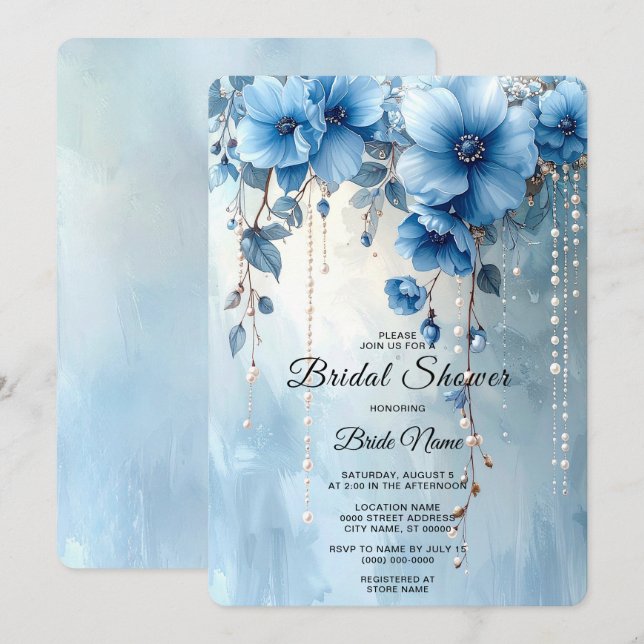 Blue Flowers and Pearls Bridal Shower Einladung (Vorne/Hinten)