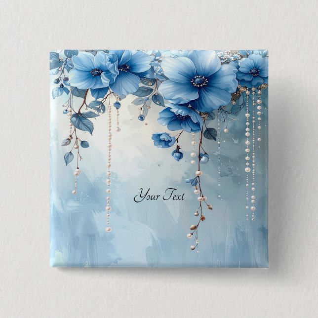Blue Flowers and Pearls Button (Vorderseite)
