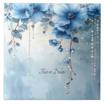 Blue Flowers and Pearls Ceramic Tile