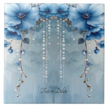Blue Flowers and Pearls Ceramic Tile