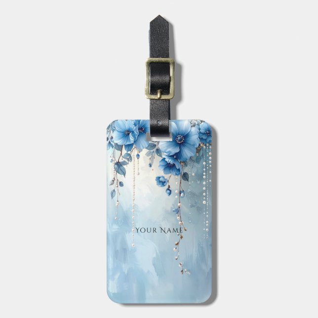 Blue Flowers and Pearls Luggage Tag Gepäckanhänger (Vorderseite vertikal)