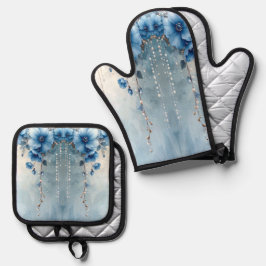 Blue Flowers and Pearls Ofenhandschuh & Topflappen-Set