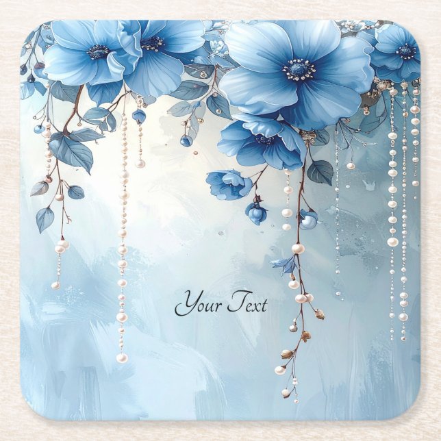Blue Flowers and Pearls Paper Coaster Rechteckiger Pappuntersetzer (Vorderseite)